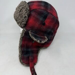 Swiss Tech Mens Trapper Hat‎ Fur Trim Red Black Buffalo Check Plaid